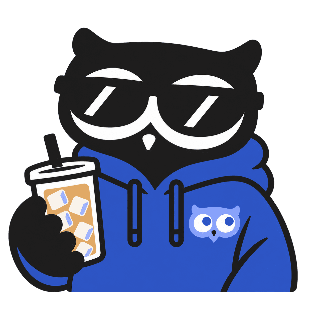 The WonderWorks owl in a royal blue hoodie and sunglasses, holding an iced coffee